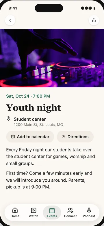 An event page for Youth night with Add to calendar and Directions