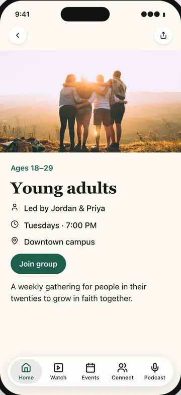 A group page in a church app built with Sunday Studio