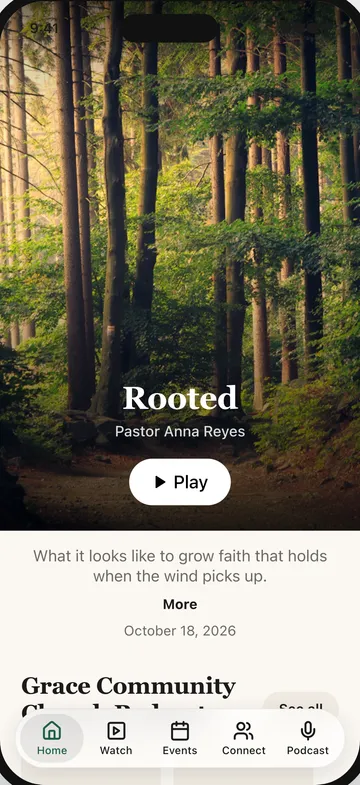 Home screen of the Grace Community Church app