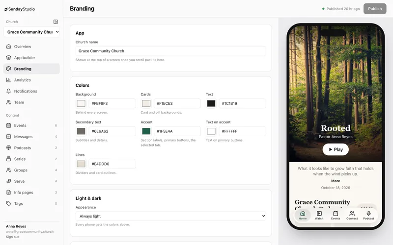 The Branding page, with colors, type and app icon
