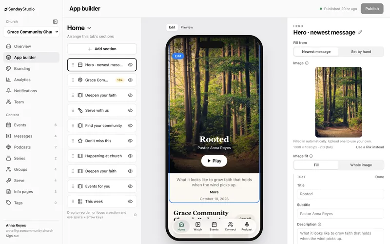 The Sunday Studio app builder, with sections on the left and a live phone preview in the middle