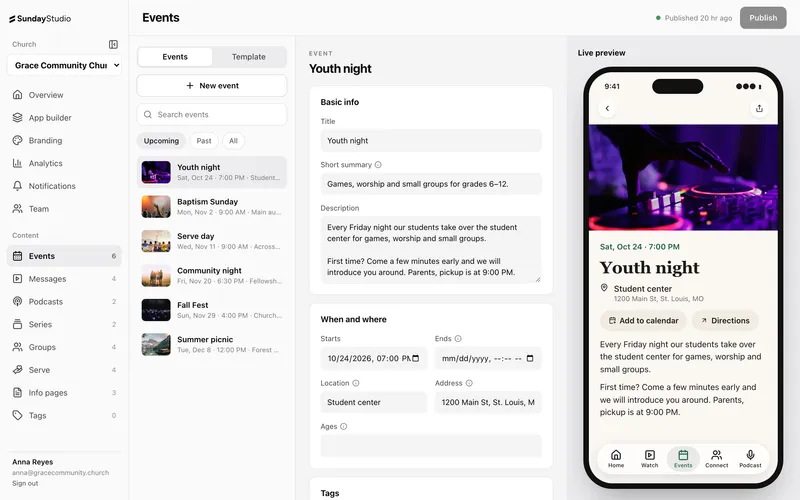 Editing an event in the dashboard, with a live phone preview of the event page