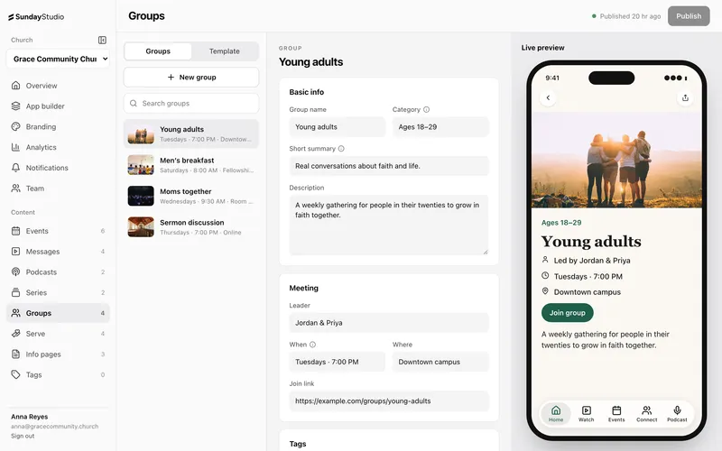 Managing groups in the dashboard with the live phone preview