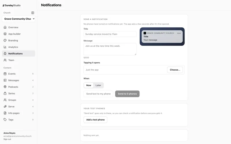 Writing a push notification in the dashboard, with a preview of how it looks on a phone
